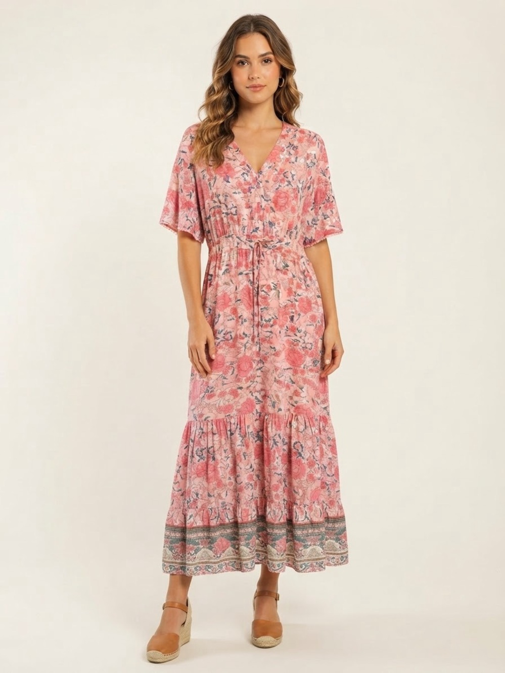 Pink Floral Midi Dress with V-Neck and Waist Tie